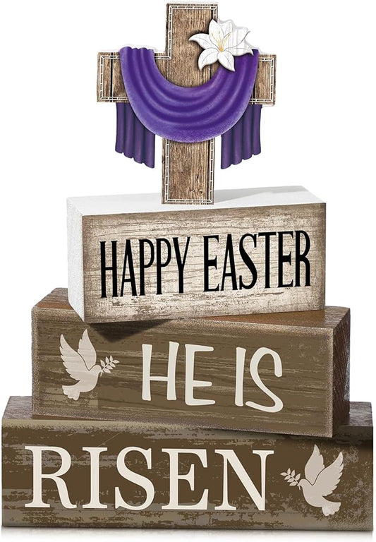 Yuntau 4 Pcs Easter Decorations He Is Risen Wooden Sign Christian Table Centerpiece Religious Cross Tiered Tray Decor Decorative Faux Book Stack Block for Table Fireplace Mantel Floating Shelf