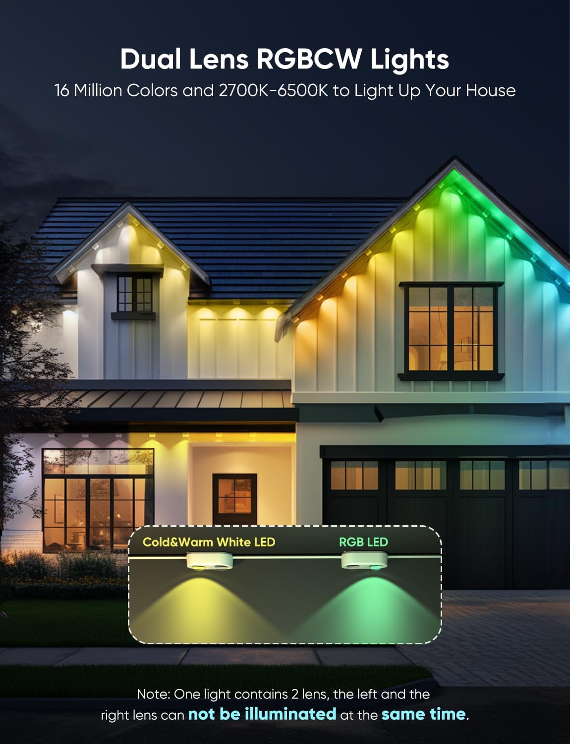 Permanent Outdoor Lights Pro 100ft, RGBCW Smart Eaves Lights with 72 LED Lights, Dual Lens, Cuttable, 111 Scene Modes, IP67 Waterproof Lighting for Holiday Decoration, Work with Alexa, Black