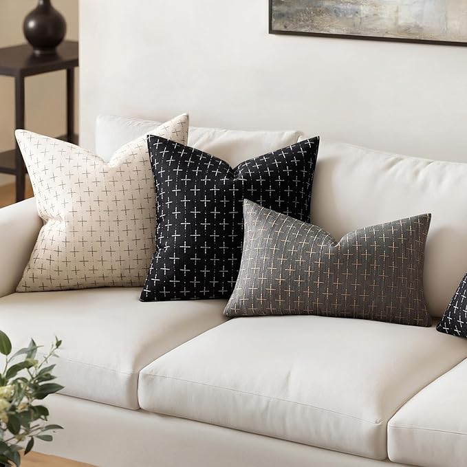 MIULEE Pack of 2 Decorative Burlap Linen Throw Pillow Covers Modern Farmhouse Pillowcase Rustic Woven Textured Cushion Cover for Sofa Couch Bed 16x16 Inch Black