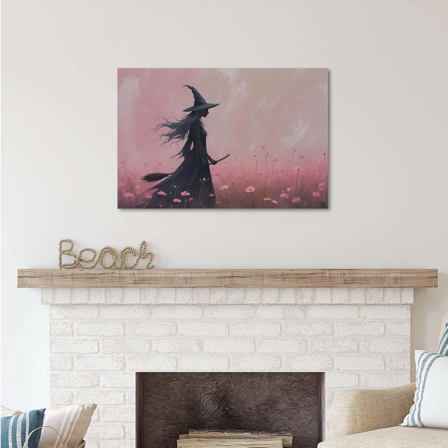 Witch in the pink sea of flowers Halloween prints weird flowers wall art silhouette painting fashionable romantic decoration suitable for bedroom28x40in Wood Framed