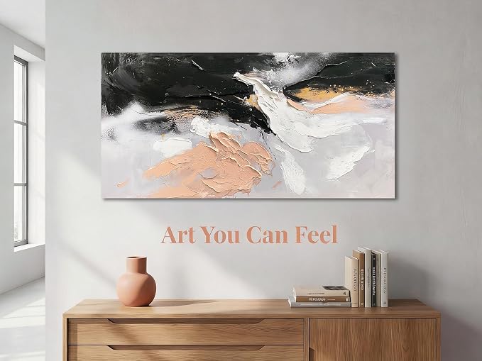 Ardemy Textured Abstract Canvas Wall Art - Black White Gold Beige Brush Strokes Painting Large 48"x24", Modern Splatter Artwork for Living Room Bedroom Home Office Luxury Wall Decor