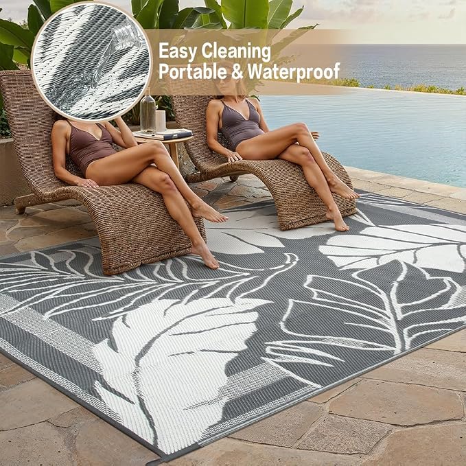 HUGEAR 8'x10' Outdoor Rug Waterproof Plastic Straw Rugs Large Grey Reversible Olive Leaf Mat Floor Carpet for Camping RV Deck Entryance Porch Picnic Balcony Beach Backyard