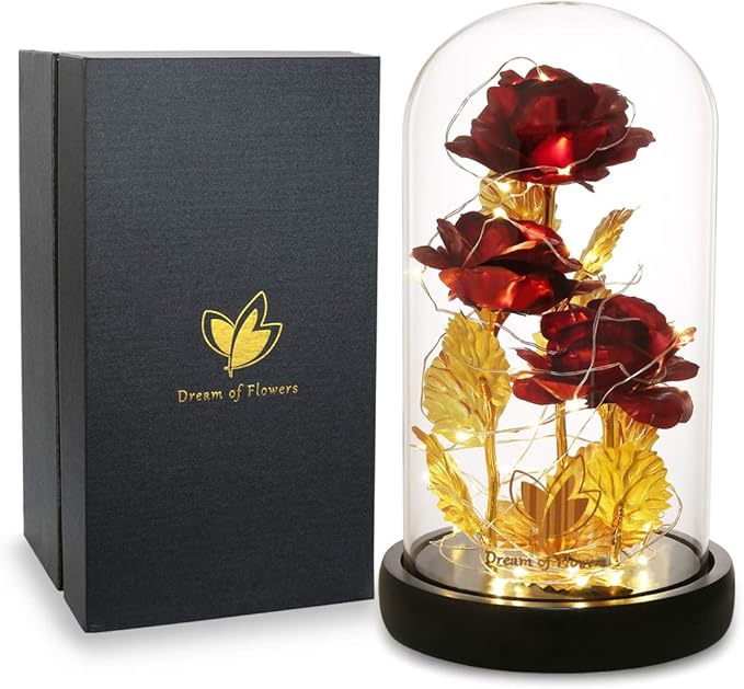 Valentine's Day Gifts for her, Eternal Rose in Glass Dome - Beauty and The Beast Inspired Keepsake, Gifts for Mom/Wife/Grandma, Preserved Roses with LED Light for Birthday/Anniversary