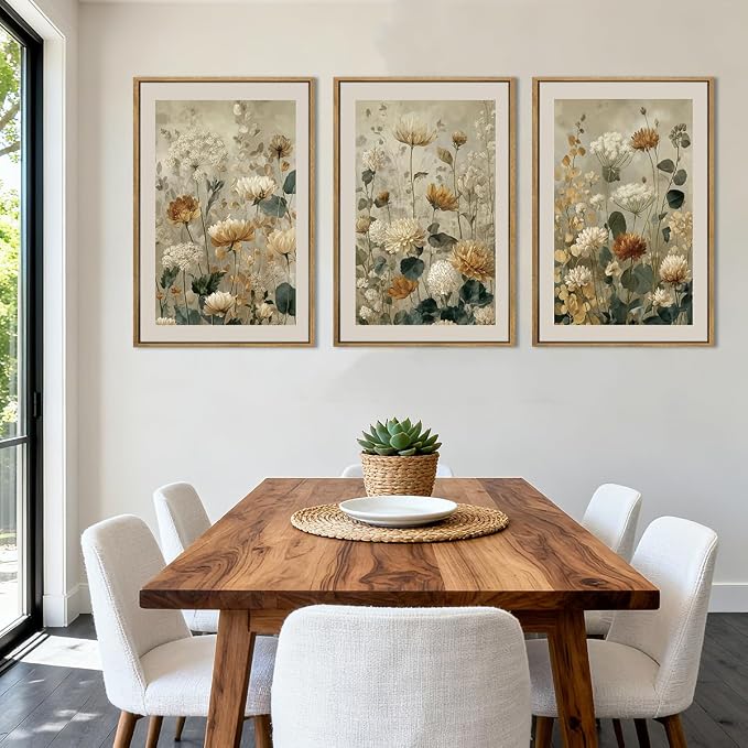 Anyzal Large Neutral Wildflower Farmhouse Framed Wall Art 16x24 Inch Vintage Floral Canvas Wall Decor Olive Botanical Art Prints for Living Room Bedroom Dining room