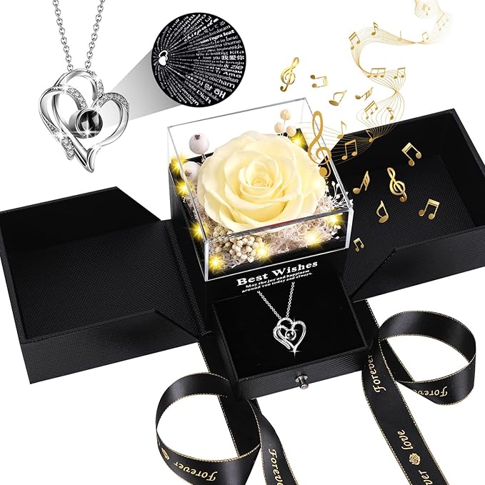 Pasuvsigt Mothers Day Mom Birthday Gifts for Women, Preserved Real Rose with I Love You Heart 100-Language Necklace, LED Lights & Music Box, Anniversary for Women Girlfriend Mom