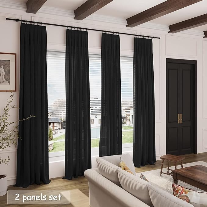 Nanspring Black Linen Curtains 90 Inches Long for Living Room 2 Panels Set Semi Sheer Vertical Curtains Back Tab Rod Pocket Simple Modern Privacy Curtain for Bedroom/Dinner Room 60x90
