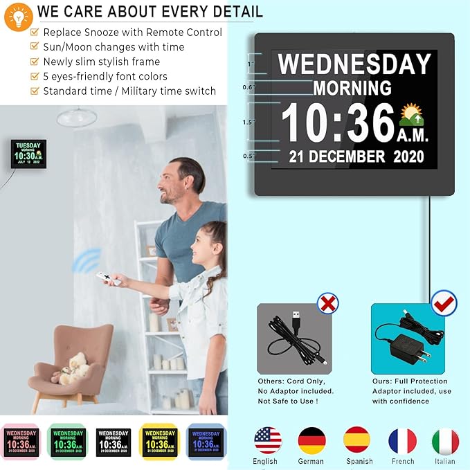 MASSII 8 Inch Large Dementia Clock 28 Alarms with Auto DST, 20 Custom Reminders,10 Levels Auto Dimmer, 6 Display Modes, Digital Clock with Date and Time, 8" Black with Remote