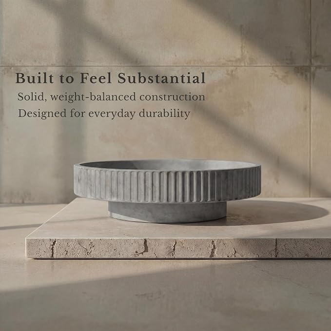 JUPTR Concrete Fruit Bowl (12") – Shallow Fluted Pedestal Decorative Centerpiece Bowl for Table, Entryway Catch-All & Modern Home Decor – Heavyweight Stone Bowl (Natural)