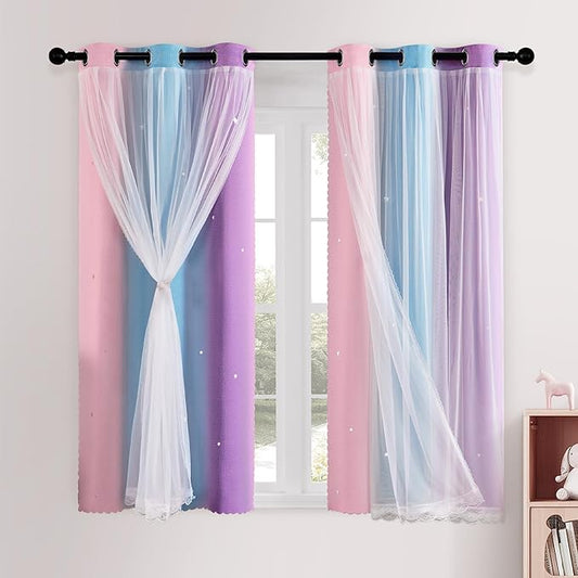 XiDi Kids Curtains 45 Inch Length for Girls Bedroom 2 Panels Blackout Short Curtains for Kids Nursery Room Darkening Window Drape Unicorn Princess Theme Decor Grommet Top Pink/Purple/Blue 42x45