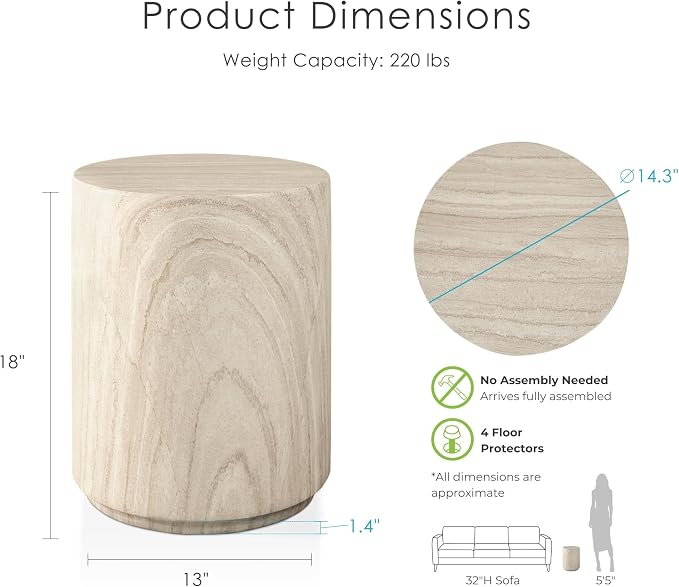24/7 Shop at Home Ranera Modern 14-inch Natural Stone Side Table with Round Drum Base, Marble Nightstand, Patio End Table, for Living Room, Covered Outdoor Spaces, Balcony, Beige Travertine