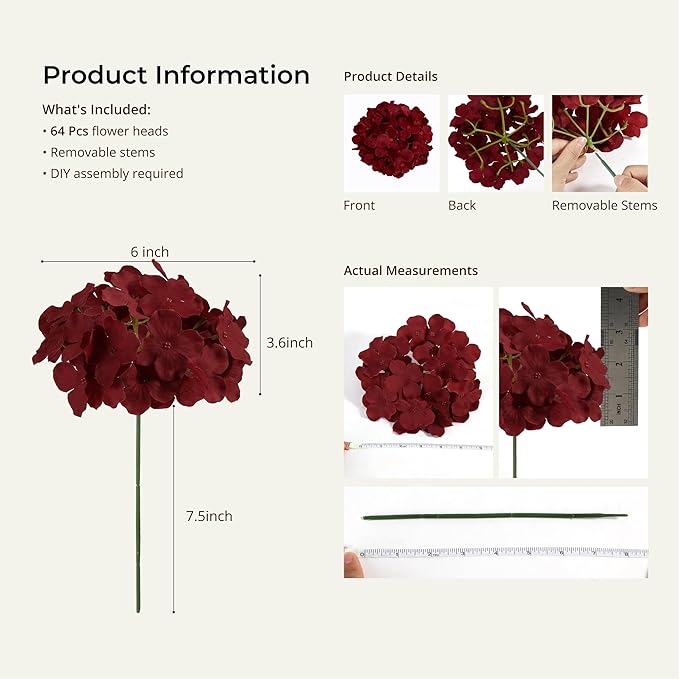 Auihiay 64PCS Burgundy Hydrangea Artificial Flowers, Silk Hydrangea Heads with Stems, Fake Flowers for DIY Wedding Centerpiece, Home, Party, Baby Shower, Garden Decoration (Burgundy)