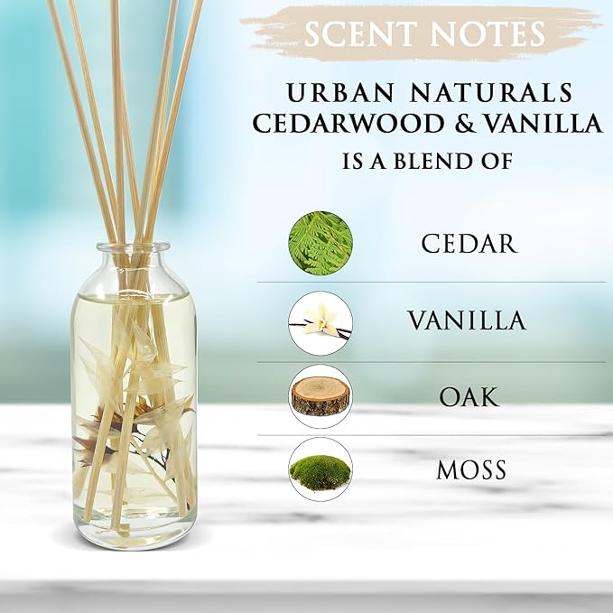 Urban Naturals Cedarwood & Vanilla Reed Diffuser Set | Made with Essential Oils & Real Botanicals | Cedar, Vanilla, Oak and Moss | Made in the USA