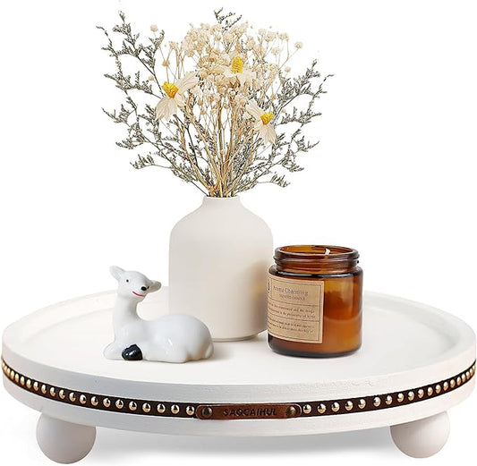 Farmhouse Decorative Round Tray, 11.81 Inch, Versatile Centerpiece Tray for Coffee Table Kitchen Living Room Bathroom, Home Decor Accent White