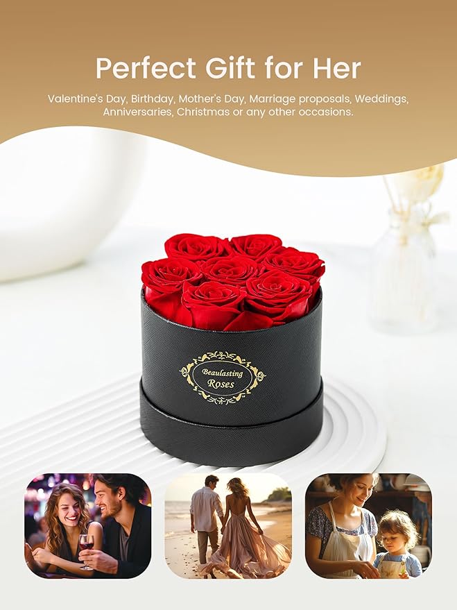 Beaulasting Long Lasting Preserved Roses in a Box Last a Year Forever Flowers for Her Mom Wife Anniversary Birthday (Round Black Box)