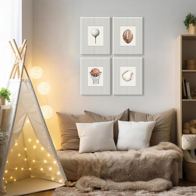 Sports Wall Art Decor Toddler Boys Room Canvas Prints Vintage Sports Nursery Wall Decor Kids Poster Football Baseball Pictures Basketball Golf Painting Artwork for Bedroom 12x16x4 Inch Ready to Hang