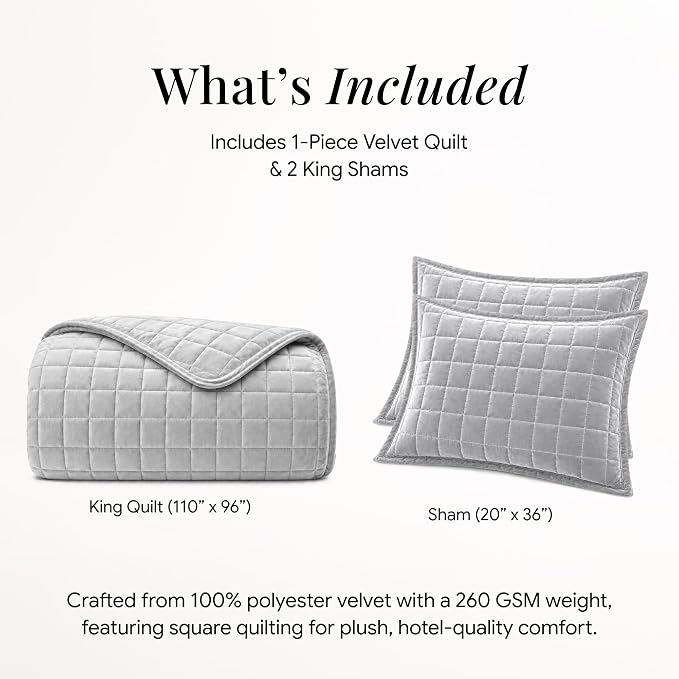 Tribeca Living Luxury Velvet Quilt King Size Set - 260GSM Ultra-Soft Oversized Velvet Bedspread Comforter Set with 2 Shams, in Florence Silver Grey