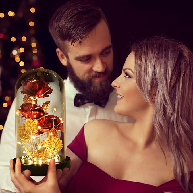 Valentines Day Gifts for Her,Beauty and The Beast Rose Birthday Gift,Galaxy Flower Rose with 2 Light Modes,Colorful Crystal Flower Enchanted Rose in Glass Dome,Womens Gifts for Mom Wife Girlfriend