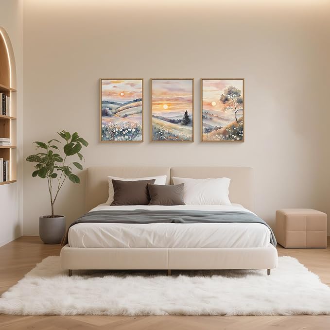 Ausril Boho Pink Sunset Framed Canvas Wall Art Set 24''X36 X3 | Colorful Flower Wall Decor Nature Daisy Art Pink Wildflower Scenery Art Print Living Room Bedroom Hallway