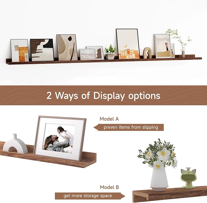Fun Memories Picture Ledge Shelf, 60 Inch Floating Shelves Set of 2, Large Nursery Book Shelves for Toys Storage, Kids Bookshelf Wall Mounted for Wall Decor Books Photo Frames, Walnut