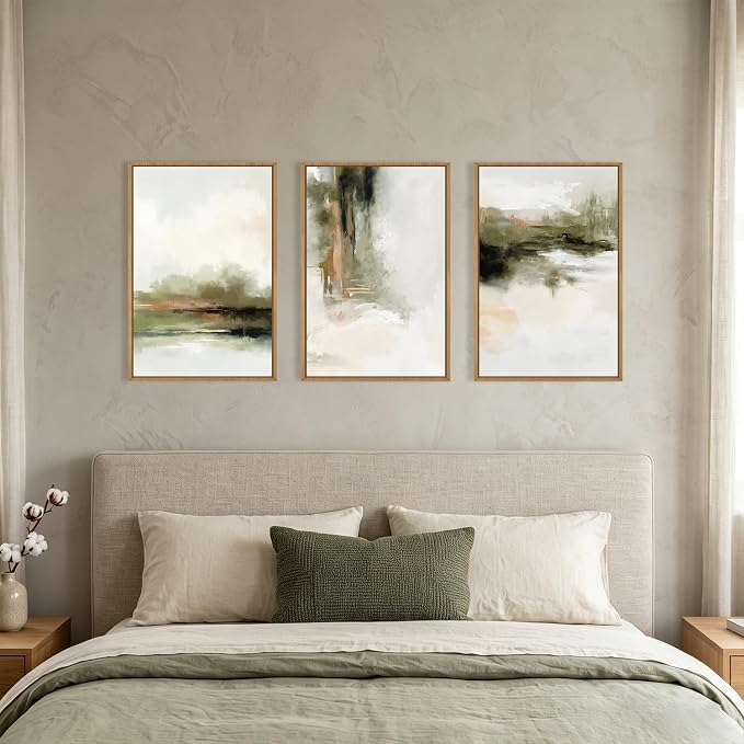 KAIRNE Green Abstract Neutral Framed Canvas Wall Art Set,Modern Watercolor Shapes Wall Decor,Minimalist Pastel Art Prints,Brown Gray Tan Artwork for Living Room,Bedroom,Farmhouse,Office-16 x24 x3