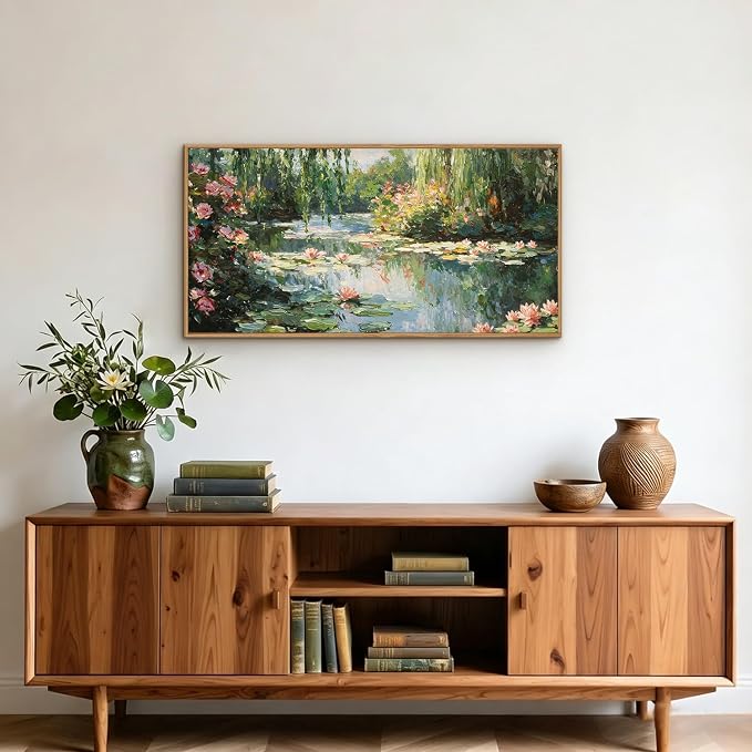 LHIUEM Monet Water Lilies Floral Framed Canvas Wall Art Set,Vintage Impressionist Botanical Wall Decor,Oil Paintings Style Flowers Artwork for Living Room,Bedroom,Dining Room,Office -20"x40"x1