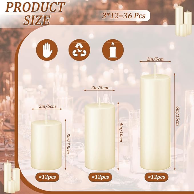 36 Pcs Ivory Pillar Candles Bulk Set，Hurricane Candles，3 Different Lengths 2 x 3/4/6 Inch (12 Each)，Dripless Unscented Smokeless，Gives You a Better Atmosphere When Organizing an Event Party.