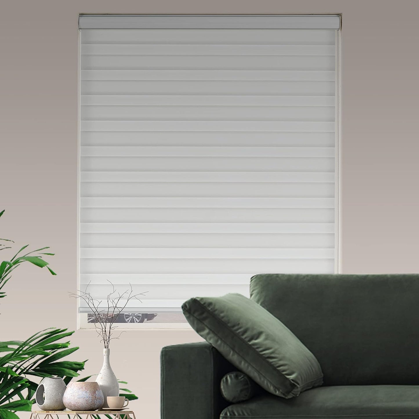 Zebra Blinds for Windows Dual Layer Light Filtering Privacy Free-Stop Sheer Shades Light Control for Indoor Windows Zebra Shades for Living Room(46" W X 72" H, White)