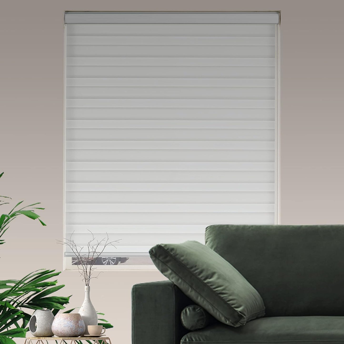 Zebra Blinds for Windows Dual Layer Light Filtering Privacy Free-Stop Sheer Shades Light Control for Indoor Windows Zebra Shades for Living Room(74" W X 72" H, White)