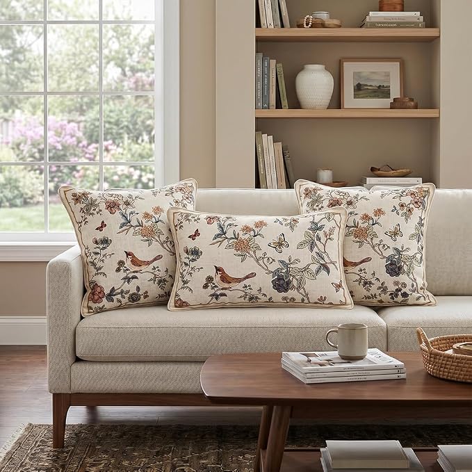ISAENNE Designer Linen Throw Pillow Cover,Set of 2,20"x12"-Cornucopia A | Elegant French Rectangle Pillow Cover,Concealed Zipper,Floral and Bird Pattern,Sofas,Bedroom,Living Room,Lounge Chairs