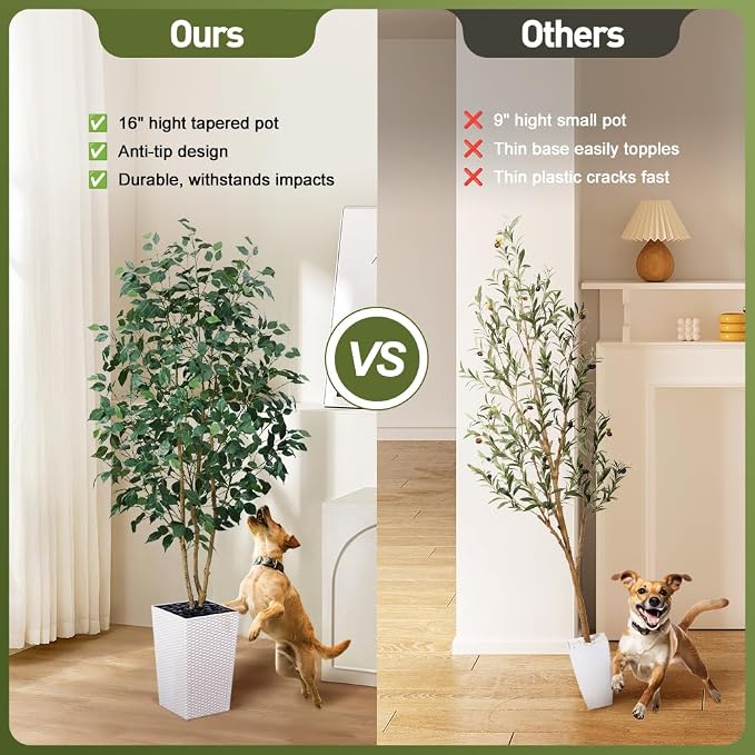 VeriNatural 6ft Artificial Ficus Tree-Tall Faux Tree with Pebbles & Planter UV Resistant Potted Fake Plant with Silk Leaves & Real Wood Trunk-Indoor Outdoor Floor Plant for Home,Living Room,VN129