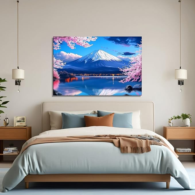 Large Japanese Wall Art Asian Landscape Canvas Prints Mount Fuji Picture Pink Cherry Blossom Trees Painting Nature Posters for Bathroom Living Room Wall Decor Framed - 28.00x42.00 inch