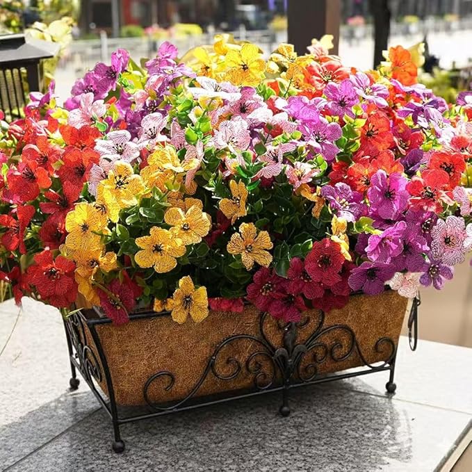 Artificial Violet Flowers Outdoor UV Resistant, 16-Stem Multi Pack Faux Purple Blooms for Front Porch, Patio, Garden & Large Planters, Fade Resistant Silk Fake Flowers (16, Mix Colors)
