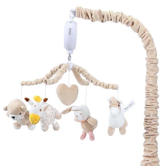 Musical Crib Mobile with 12 Lullabies, Rotating Arm and Detachable Plush Toys, Unisex Clip On Mobile for Standard Cribs, Baby Safe Materials for Sensory Development & Early Growth