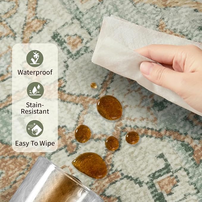 Rugxara 10x14 Area Rugs for Living Room Bedroom, Large Washable Rug, Green Vintage Retro Boho Rug, Non Slip & Low Pile Faux Wool Thin Carpet for Indoor Dining Room and Kids Room(Green/Brown 10x14ft)