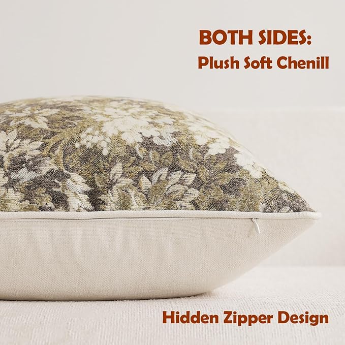 DEZENE Pack of 2 Vintage Floral Throw Pillow Covers 16x16 Boho Farmhouse Accents Chenille Square Decorative Pillow Cases for Living Room Couch Bed Home Decor, Beige