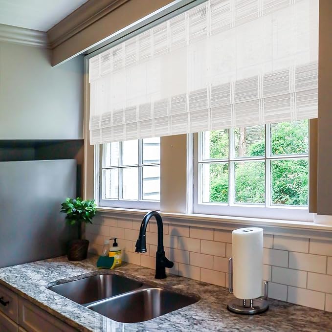 Sunbox Cordless Bamboo Roman Shade Blind, Woven Wood Roman Shades, Light Filtering Natural Bamboo Shades for Windows, French Doors, 44" W x 64" H, Pearly White