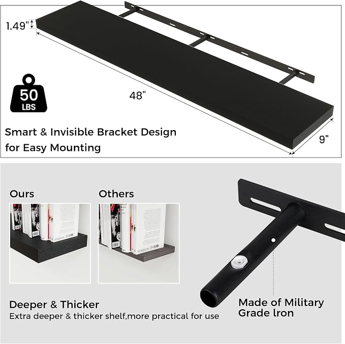 Venusmiles Floating Shelves for Wall 48 inch Long, Engineered Wood Wall Shelves with Invisible Brackets for Living Room Bedroom Bathroom Office Kitchen Decor and Storage, Black Finish, Set of 2