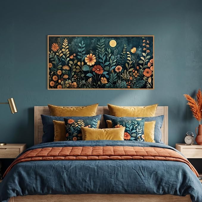 Vintage Dark Botanical Framed Canvas Wall Art Set,Colorful Floral Wall Decor,Moody Blue Wildflower Wall Painting,Nature Blossom Flower Art Prints for Living Room,Bedroom,Office-20 X40 x1