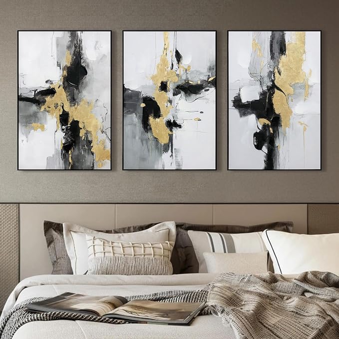 SAFERRYHOME Abstract Textured Framed Canvas Wall Art, Neutral Minimalist Wall Decor Modern Art Prints, Black Gold Wall Painting Artwork Pictures for Living Room,Bedroom,Dining Room,Office, 24"x36"x3