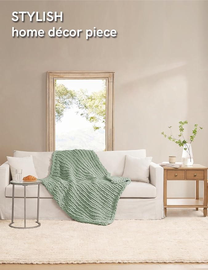 YnM Chunky Throw Blanket, Medium-Weight, Hand Knitted with Chenille Yarn, Skin Friendly, Ventilated and Breathable, Machine Washable, Home Décor Piece for Couch, Sofa and Bed (Sage Green, 60x80 Inch)