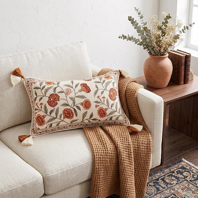 ISAENNE French Linen Rectangle Throw Pillow Cover,Set of 2,20"x12"-Albano A | Designer Vintage Pillow Cover,Concealed Zipper Design,Orange Floral Pattern,Sofa,Bedroom,Living Room,Lounge Chairs