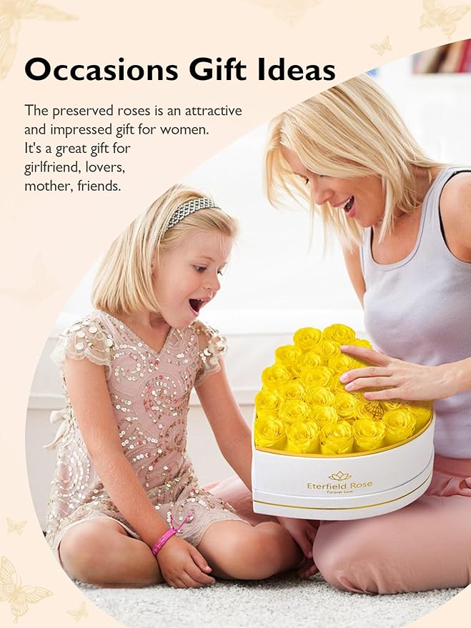 Eterfield 27 Forever Flowers in Heart Shape Box, Preserved Roses That Last a Year Preserved Flowers Birthday Gifts for Her Mom Women Wife Anniversary Valentines Day Mothers Day Christmas, Yellow