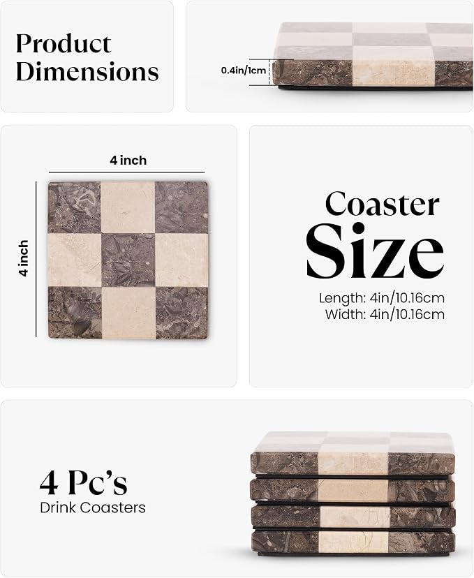 Marble Coasters Set of 4, Oceanic & Verona Handmade 4 inch Square Stone Coaster, Decorative Checkered Cup Coaster for Coffee Table, Housewarming Gift & Luxury Kitchen Accessories