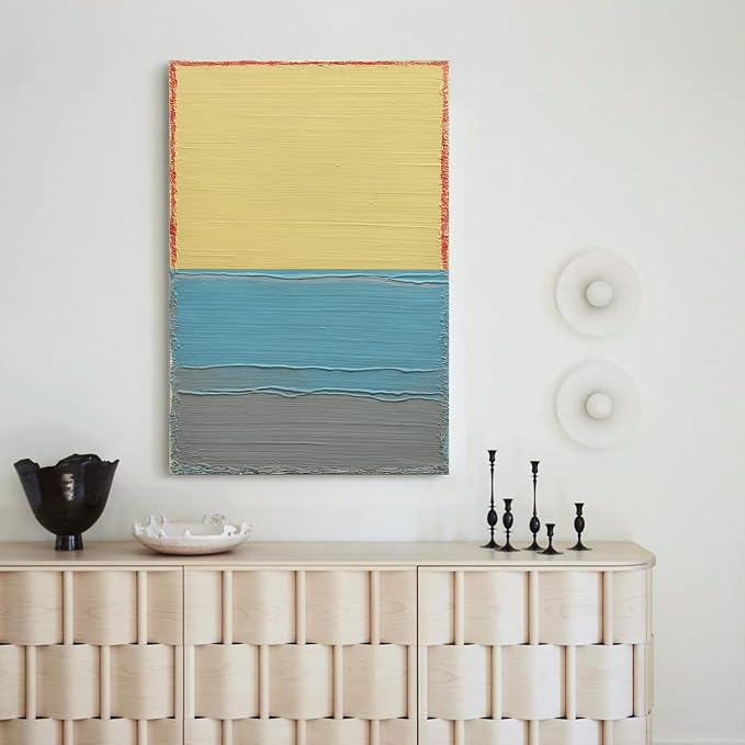 Modern Abstract Canvas Wall Art for Living Room, 3D Textured Oil Painting | Contemporary Colorful Hand-Painted Artwork for Bedroom Office Hallway, Minimalist Block Lines Pictures Wall Decor 24x36 Inch