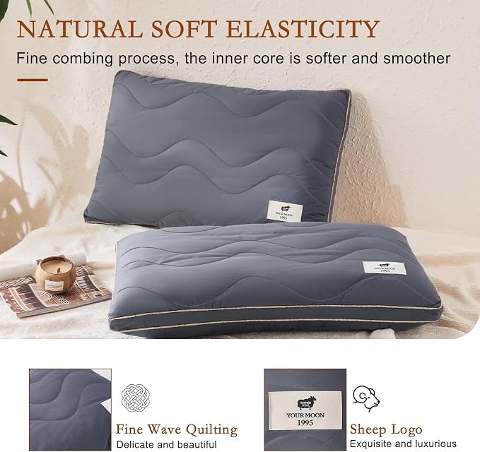 YOUR MOON Natural Wool Pillow Queen, Flat & Thin Wool Pillow for Sleeping, Low-Loft Bed Pillows for Back and Stomach Sleepers, Breathable Cotton Cover(Gray)