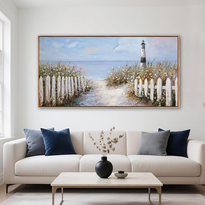 Ocean Wall Art for Living Room - Coastal Canvas Artwork for Walls, Vintage Landscape with Lighthouse, Farmhouse Beach Pictures, Framed Bedroom Wall Decor 24×48IN