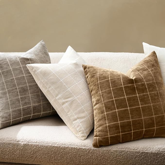 MIULEE Decorative Chenille Check Throw Pillow Covers Vintage Plaid Couch Pillows 18x18 Inch Set of 2 Neutral Boho Farmhouse Cushion Covers Modern Home Decor for Sofa Bed Living Room Toffee