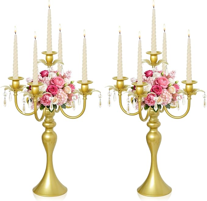 20.3'' Tall 5 Arm Silver Candelabra Centerpiece for Table, Metal Candelabra Candle Holder, Retro Candelabra Table Centerpieces for Party, Events, Home, Wedding Decor (2, Pure Gold, 5 arm)