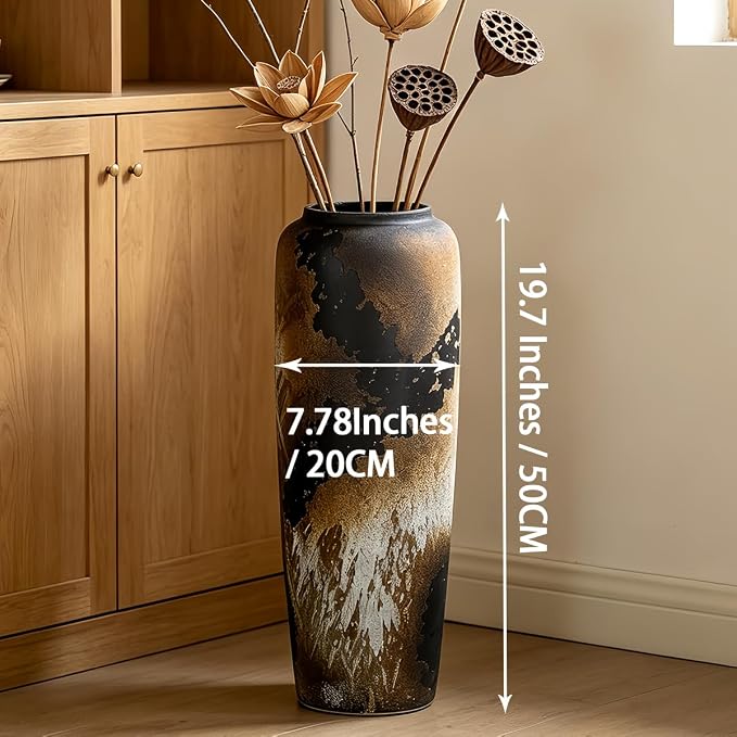 Black Rustic Ceramic Tall Floor Vase, 19.7 Inch Vintage Large Farmhouse Vase Pottery Clay Terracotta Rustic Vases for Home Decor Living Room Entryway Table Centerpieces,Kitchen,Housewarming Gifts