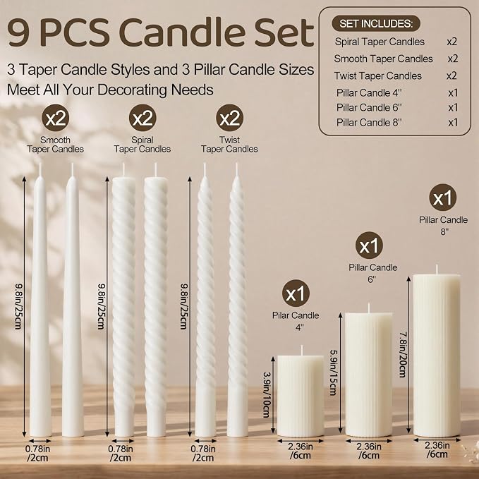 Conelist 9 Pcs Modern Decorative Candles Set, 3 Pillar Aesthetic Ribbed and 6 Spiral Taper Twisted Candles, Unscented Soy Wax for Wedding Holiday Dinner Home Decor (White)